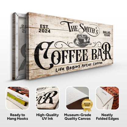 Personalized Coffee Bar Sign IV canvas with coffee motif by Tailored Canvases on Tampa Home & Garden Store