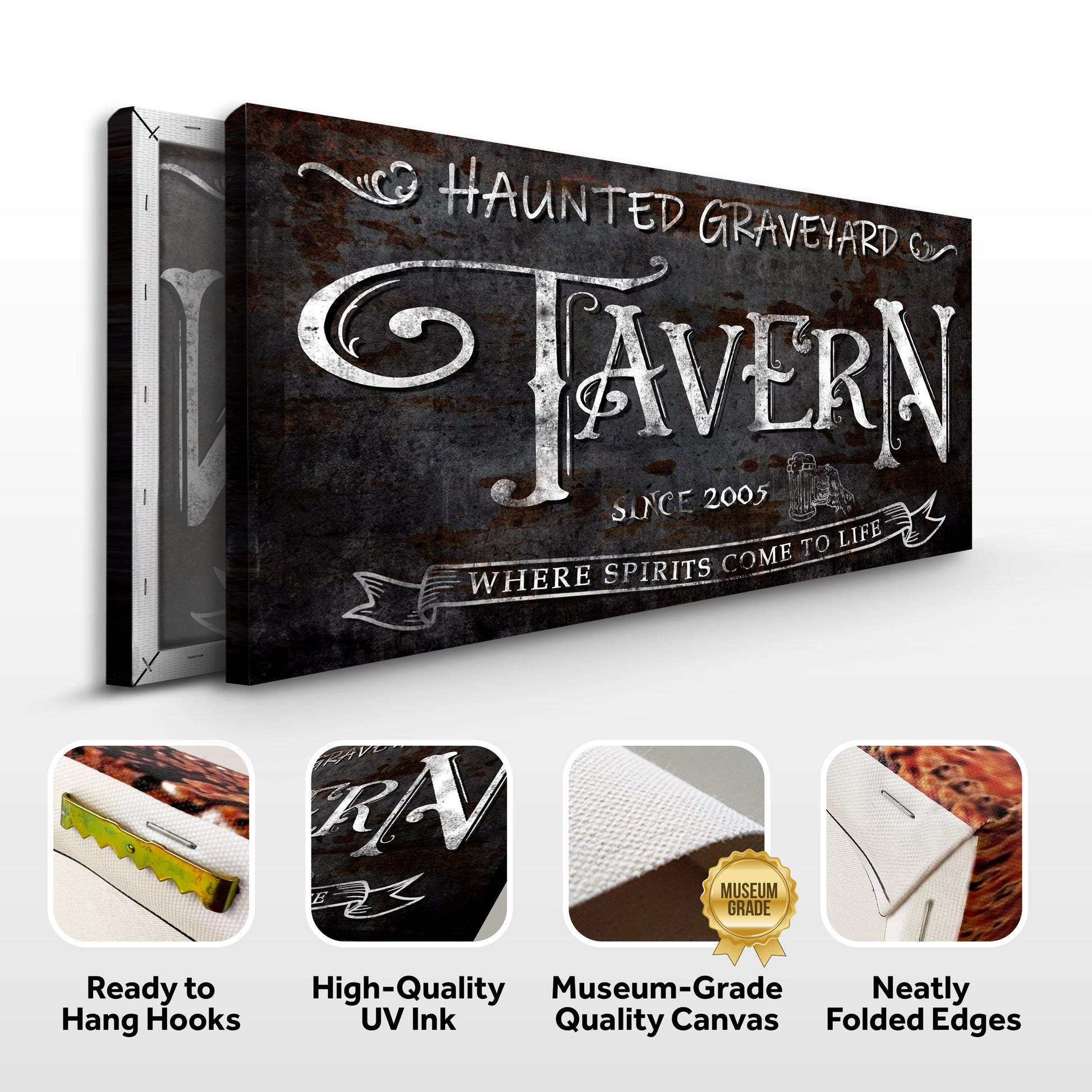 Canvas Haunted Graveyard Tavern sign by Tailored Canvases with rusty distressed metal texture on Tampa Home & Garden Store