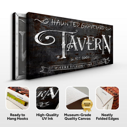Canvas Haunted Graveyard Tavern sign by Tailored Canvases with rusty distressed metal texture on Tampa Home & Garden Store