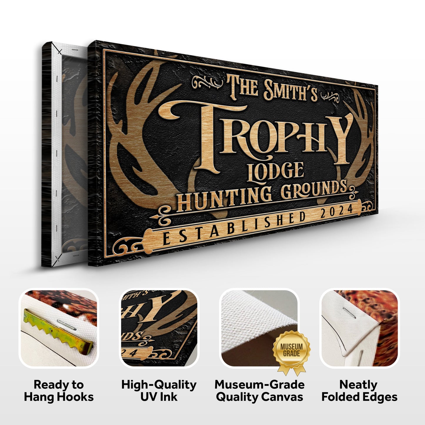 Personalized Family Antler Sign III canvas; black textured background with gold lettering on Tampa Home & Garden Store