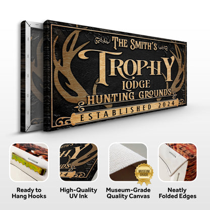 Personalized Family Antler Sign III canvas; black textured background with gold lettering on Tampa Home & Garden Store