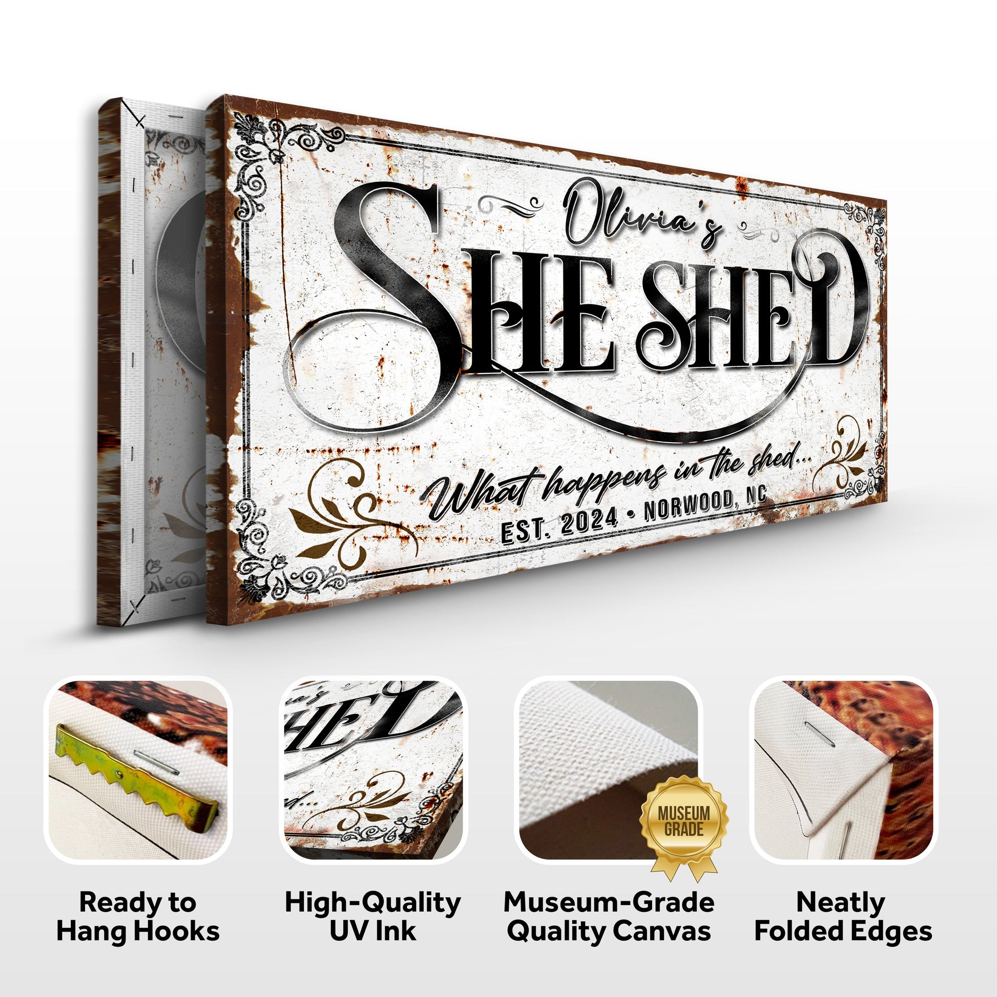 Personalized She Shed Sign XVIII canvas by Tailored Canvases with rustic finish and Olivia's She Shed on Tampa Home and Garden Store