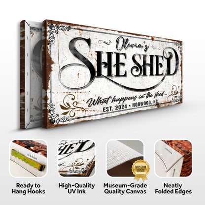 Personalized She Shed Sign XVIII canvas by Tailored Canvases with rustic finish and Olivia's She Shed on Tampa Home and Garden Store