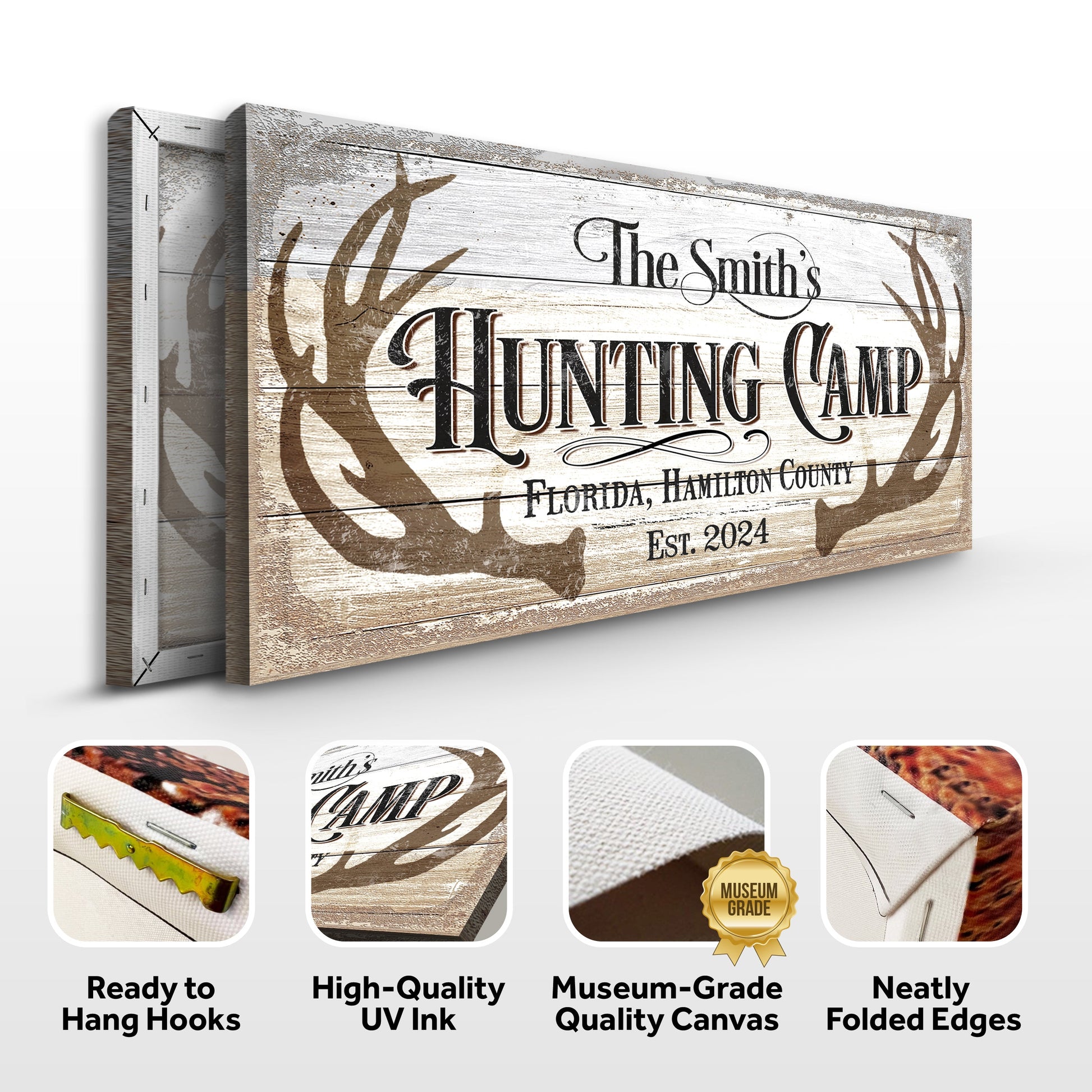 Hunting Camp Family Sign Canvas with distressed wood and antler motifs by Tailored Canvases on Tampa Home & Garden Store