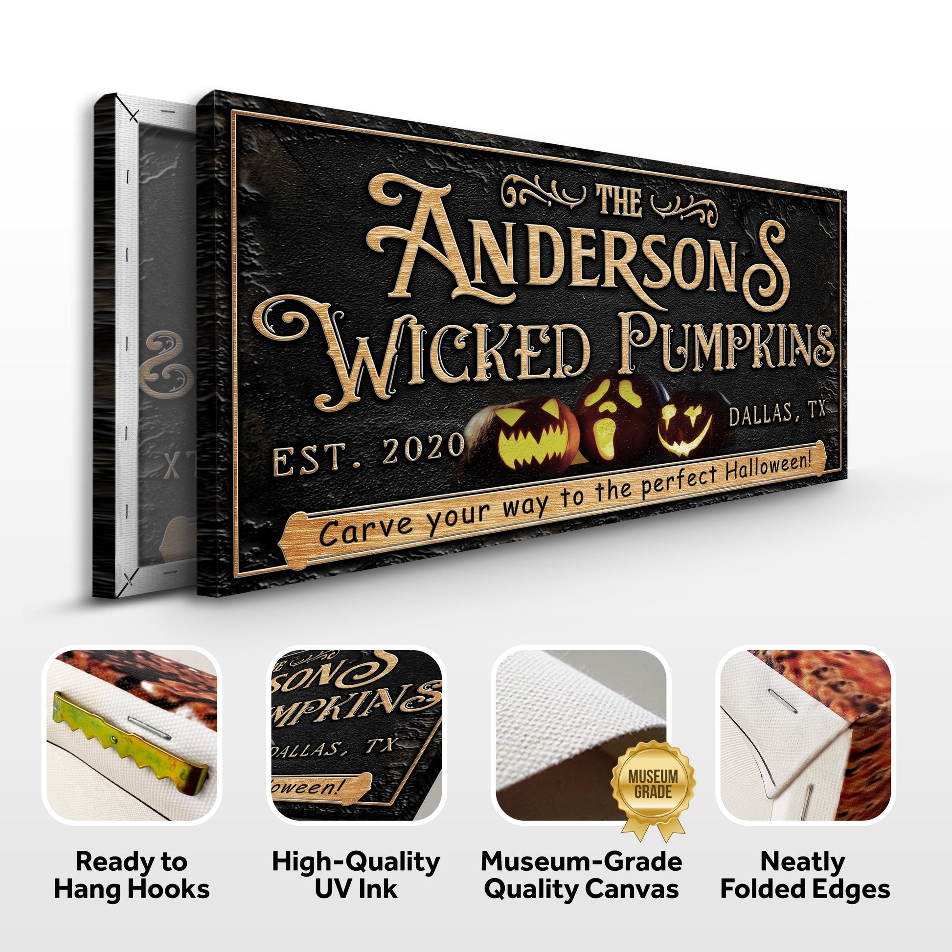 Canvas sign Wicked Pumpkins Halloween by Tailored Canvases with black background and gold on Tampa Home & Garden Store