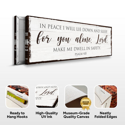 Canvas sign Tailored Canvases In Peace I Will Lie Down And Sleep Psalm 4:8 whitewashed wood on Tampa Home & Garden Store