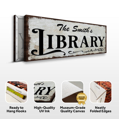 Personalized Library Sign III canvas with rustic wood frame and weathered parchment texture on Tampa Home & Garden Store