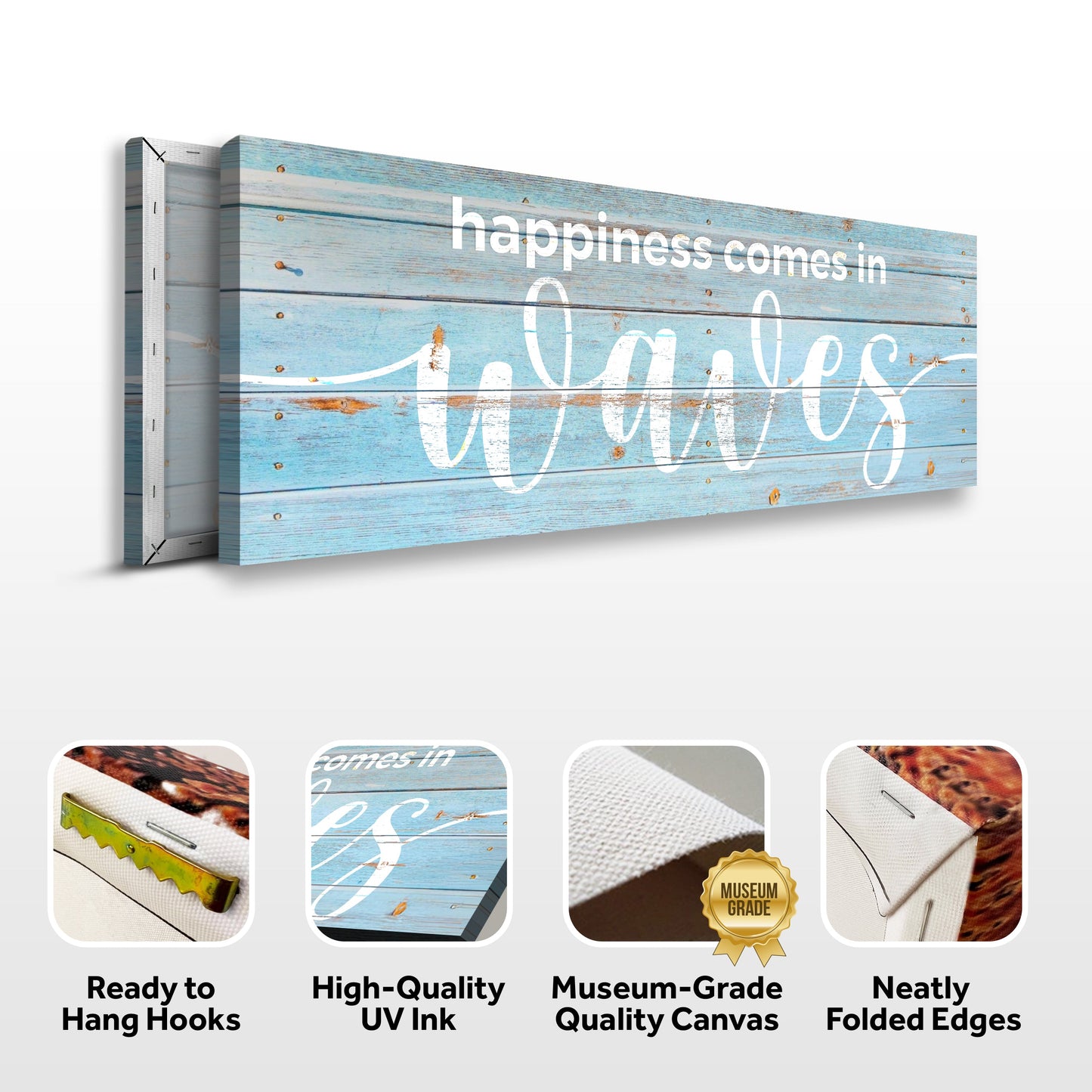 Happiness Comes In Waves canvas sign on blue weathered wood with white script Tailored Canvases on Tampa Home & Garden Store