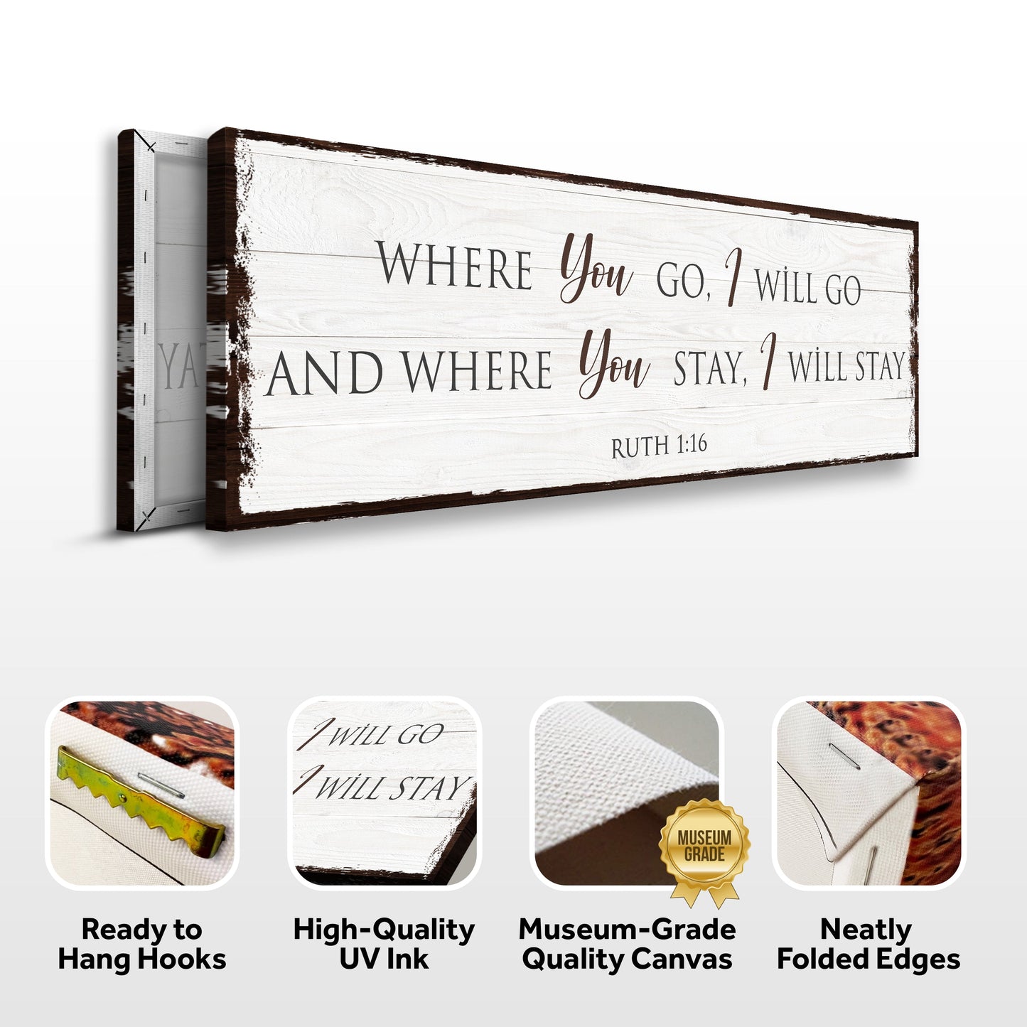 Ruth 1:16 faith sign canvas by Tailored Canvases, whitewashed wood with distressed edges on Tampa Home & Garden Store