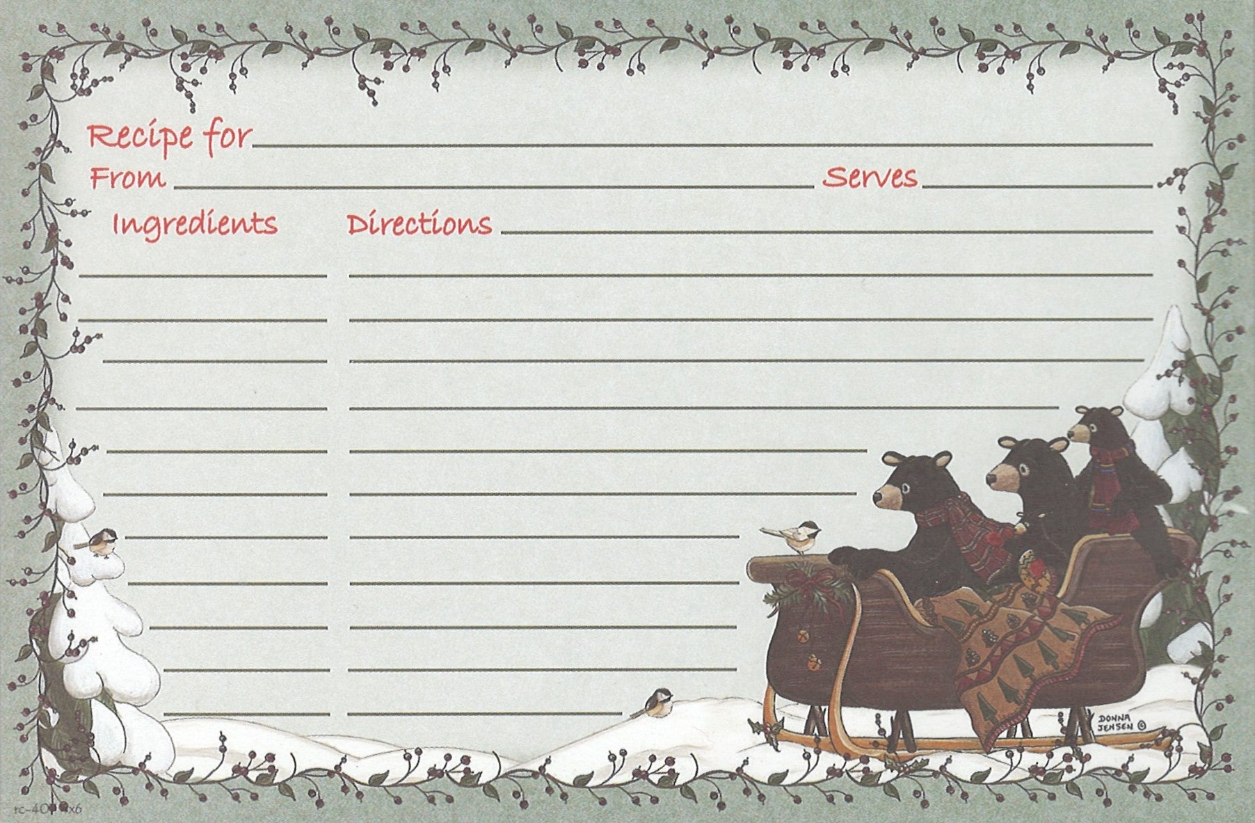 Recipe Cards - 4x6 - Bears in a Sleigh - Tampa Home & Garden Store
