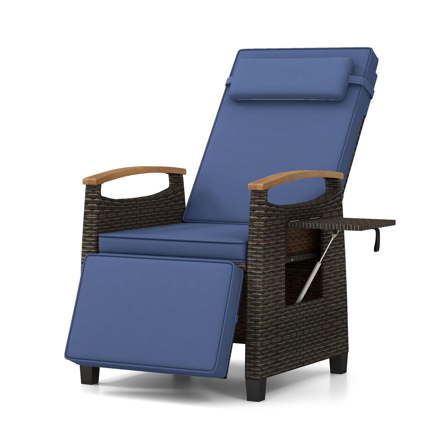 Sillón reclinable de mimbre para patio con respaldo y reposapiés ajustables - Negro