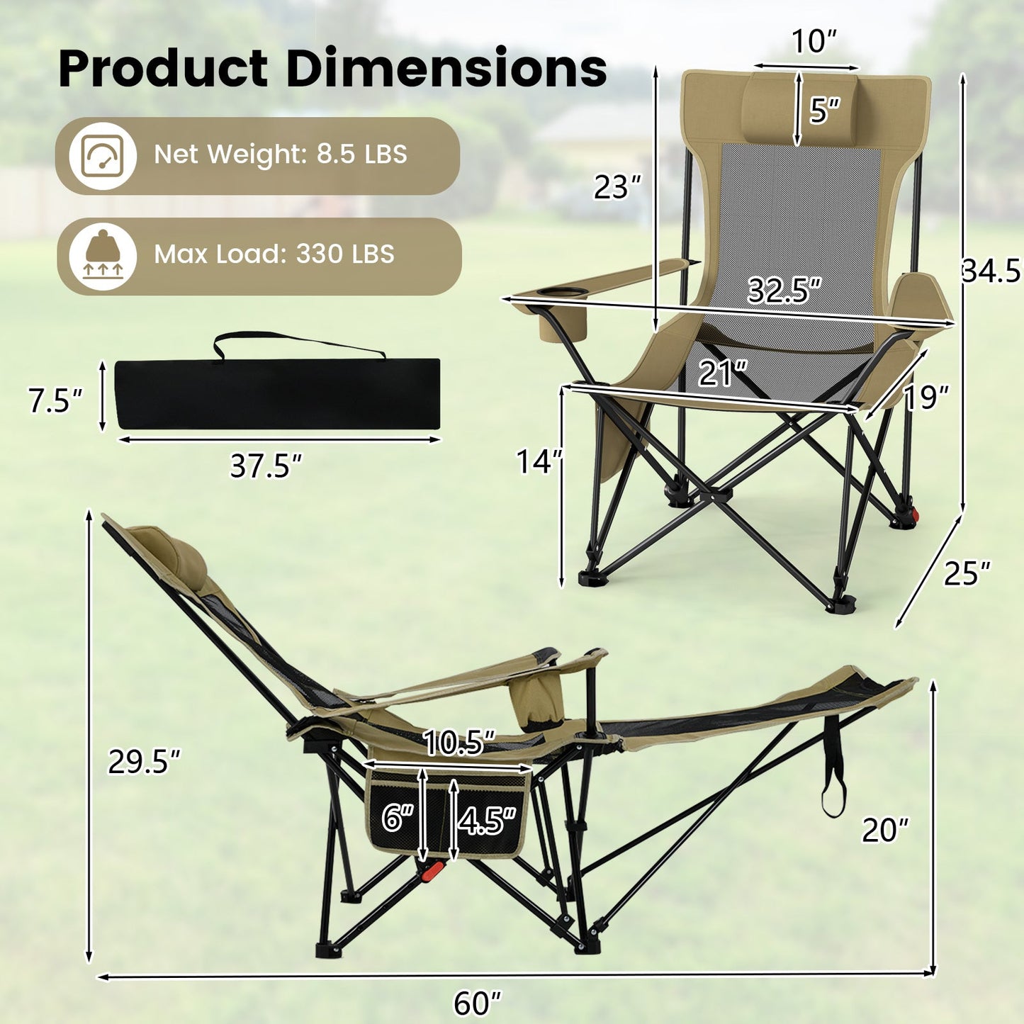 Reclining Camping Chair with Removable Footrest and Adjustable Backrest, beige GemGear on Tampa Home & Garden Store