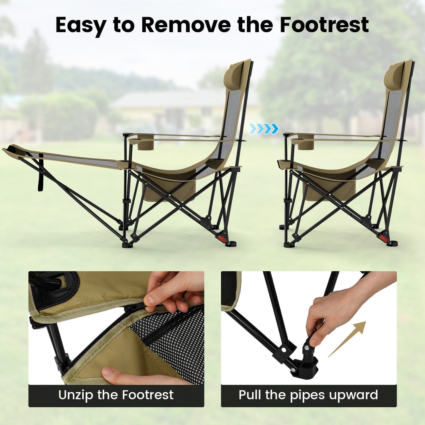 GemGear reclining camping chair pair with removable footrests and adjustable backrests in beige on Tampa Home & Garden Store
