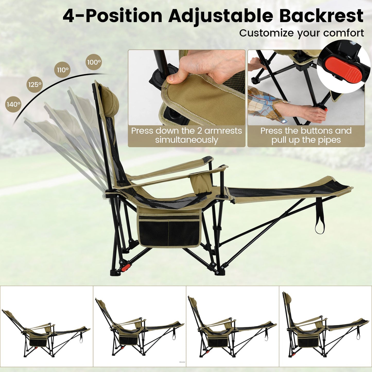 GemGear reclining khaki camping chair with removable footrest and adjustable backrest on Tampa Home & Garden Store
