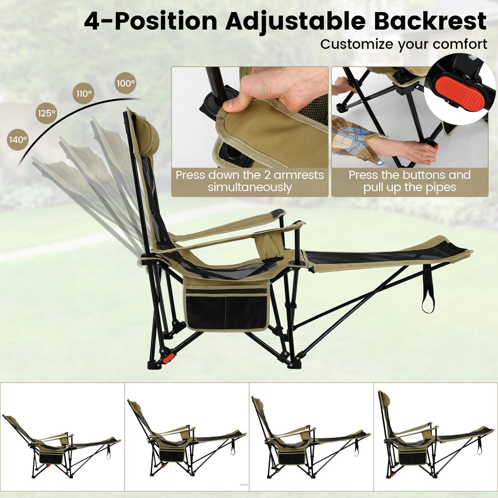 GemGear reclining khaki camping chair with removable footrest and adjustable backrest on Tampa Home & Garden Store
