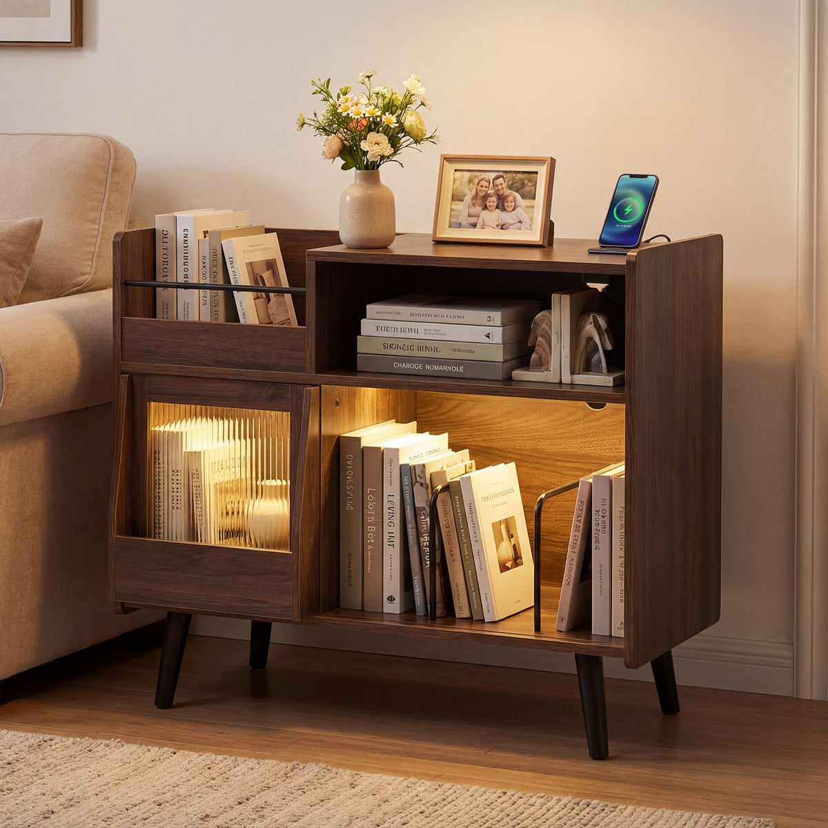 Brown record player stand with LED lighting and outlets, sliding door, books, vase, photo on Tampa Home & Garden Store