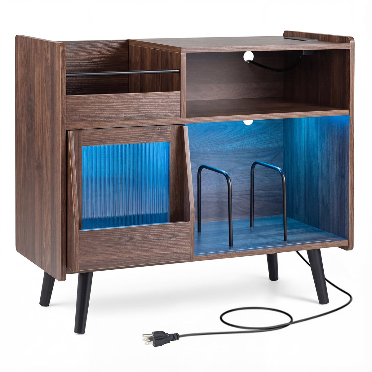 Record player stand DirectDeals brown wood with LED light and outlets sliding door on Tampa Home & Garden Store