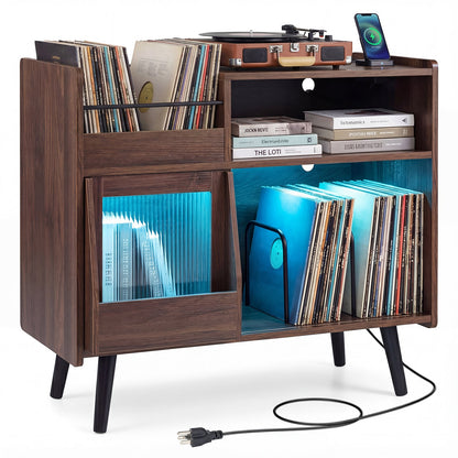 Record Player Stand with LED lighting and outlets in brown wood finish, top turntable on Tampa Home & Garden Store