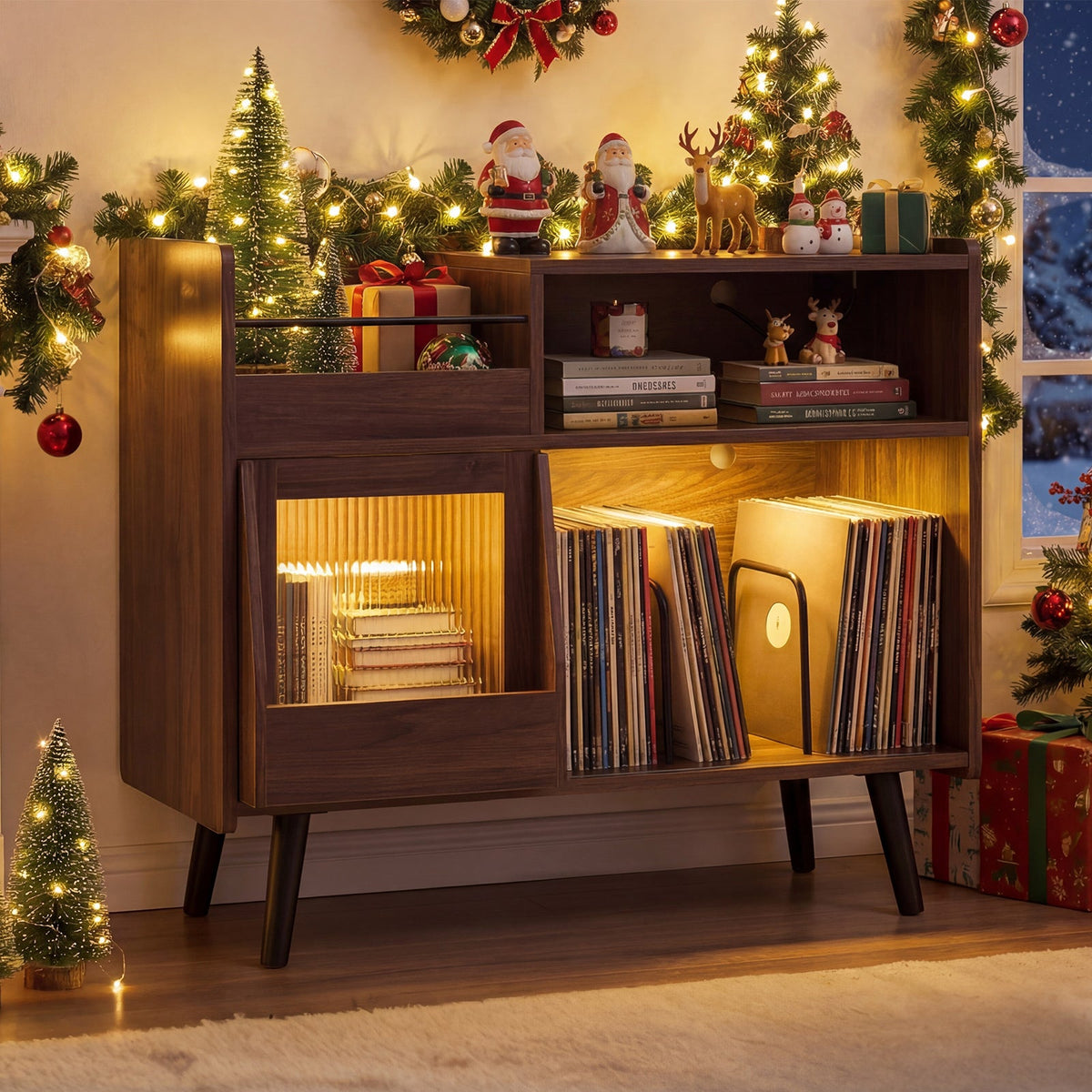 Record player stand brown wood with LED lighting and sliding door by DirectDeals on Tampa Home & Garden Store