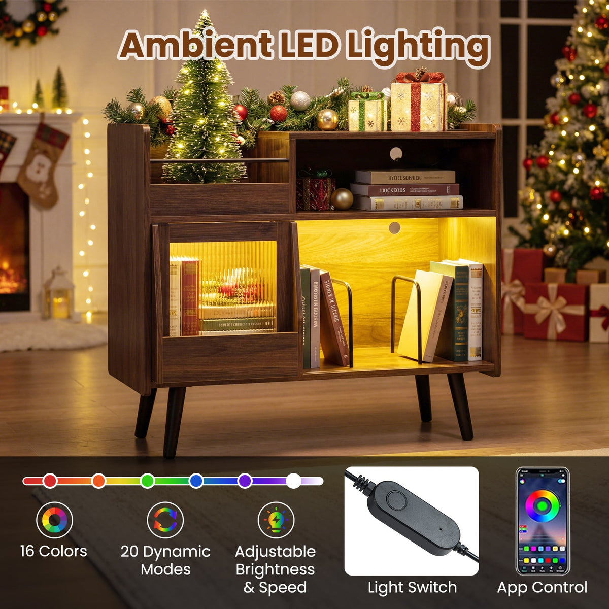 Record player stand in brown wood with sliding door and LED lighting DirectDeals on Tampa Home & Garden Store
