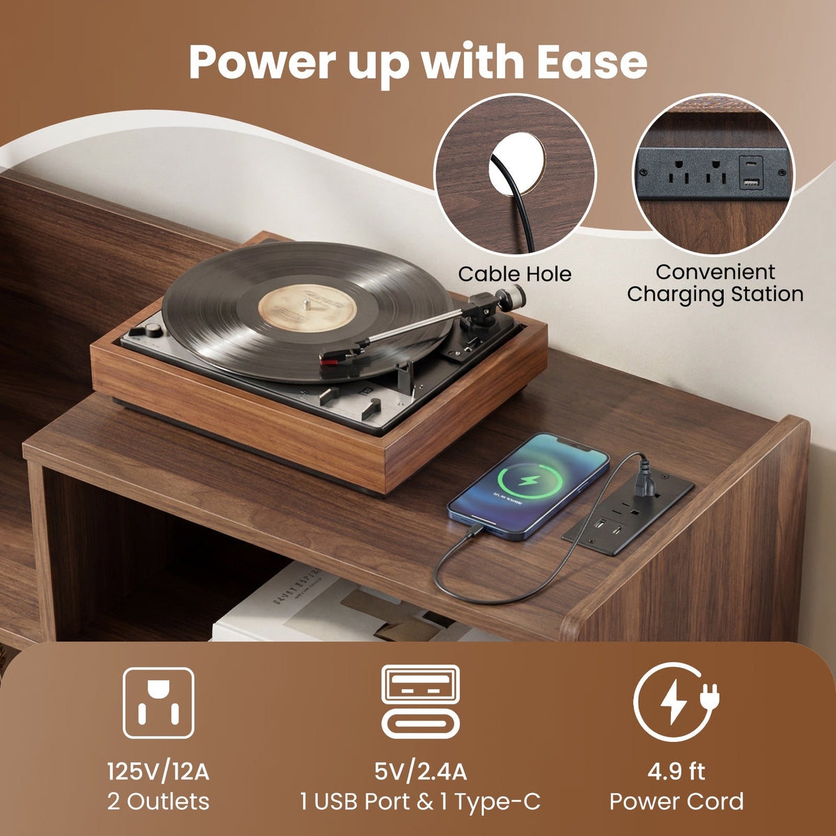 Record player stand with LED light, brown sliding door, outlets DirectDeals storage on Tampa Home & Garden Store