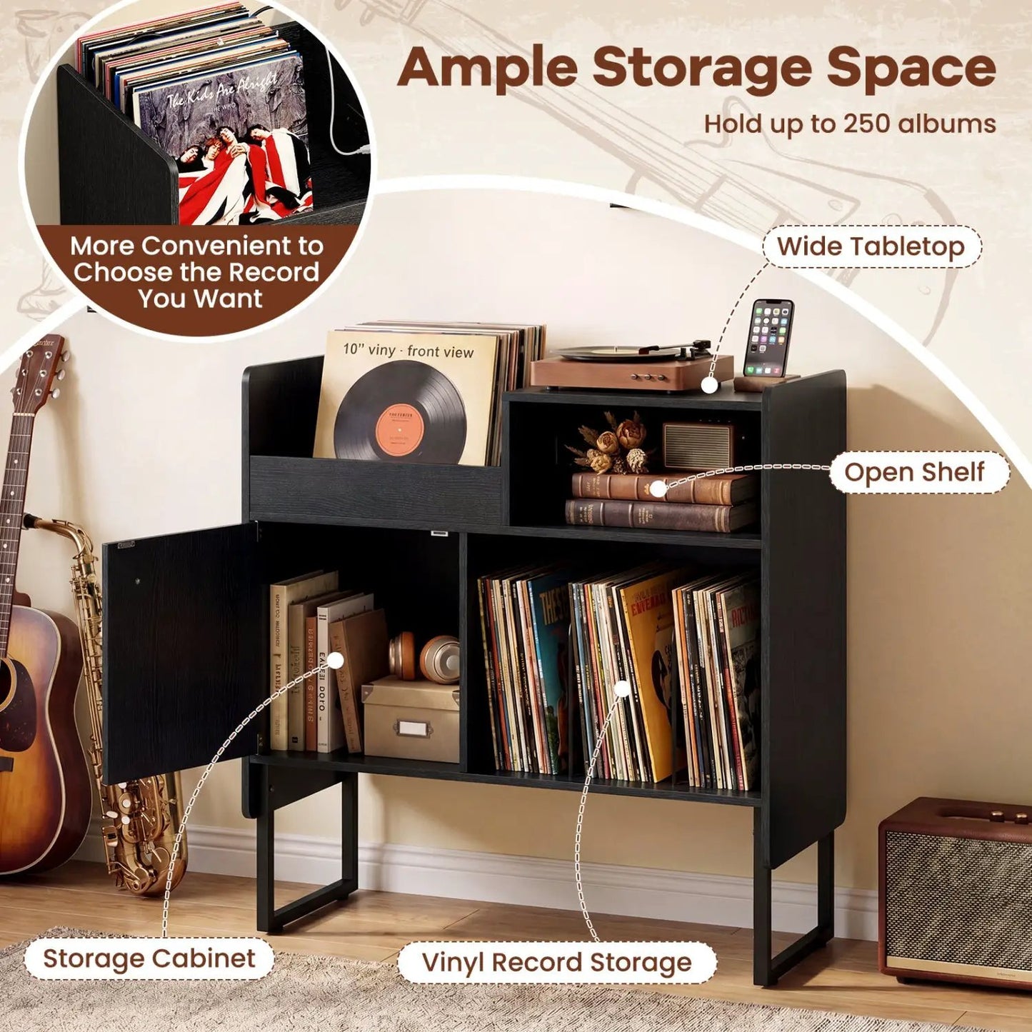 Record Player Stand with Power Outlets and Vinyl