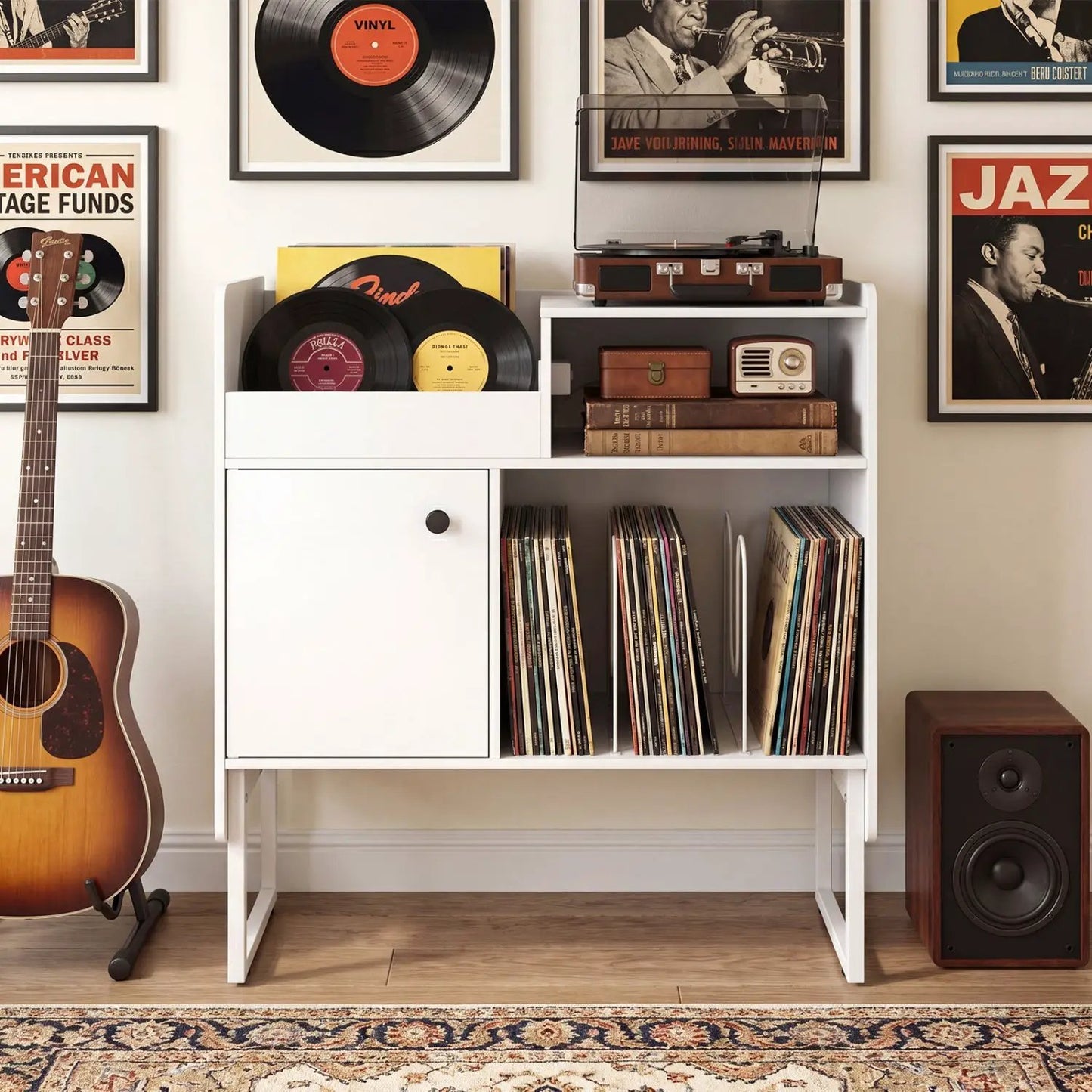 Record Player Stand with Power Outlets and Vinyl