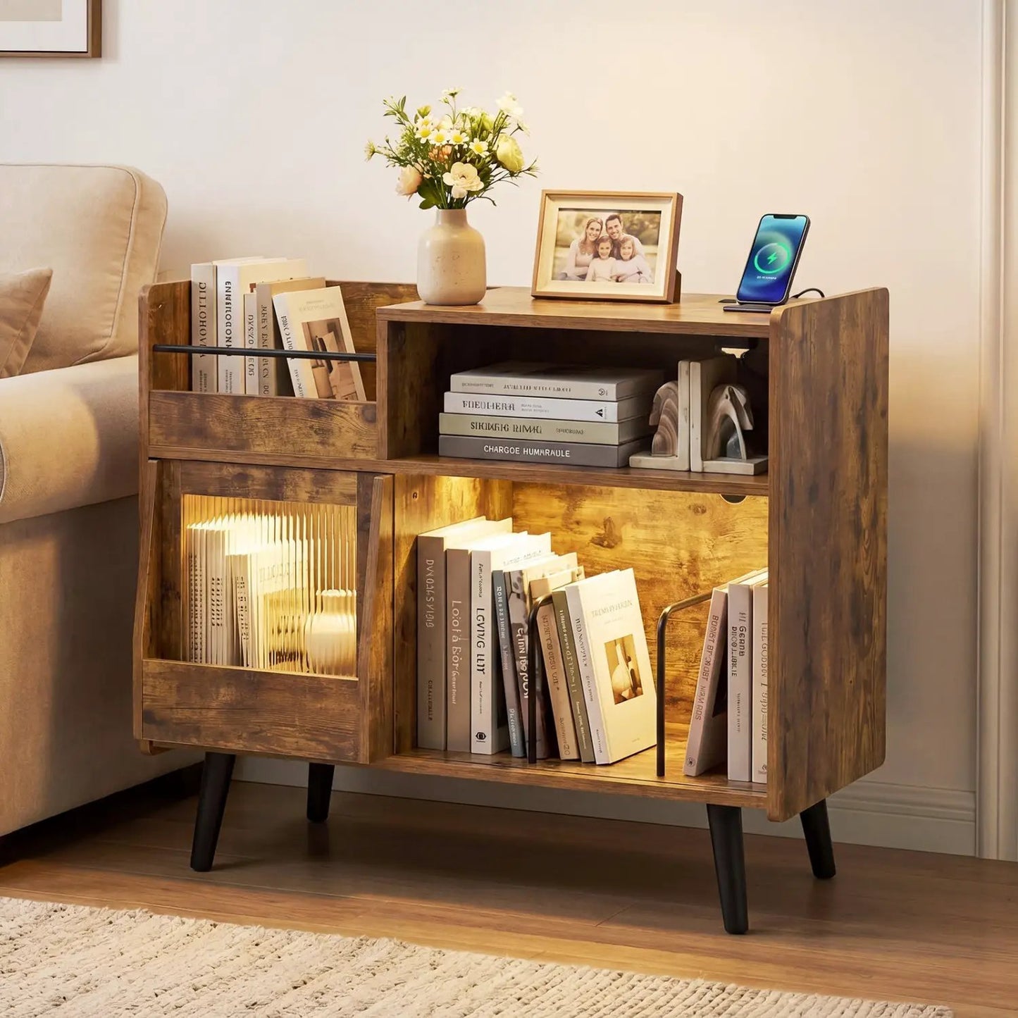 Record Player Stand With LED Light and Outlets