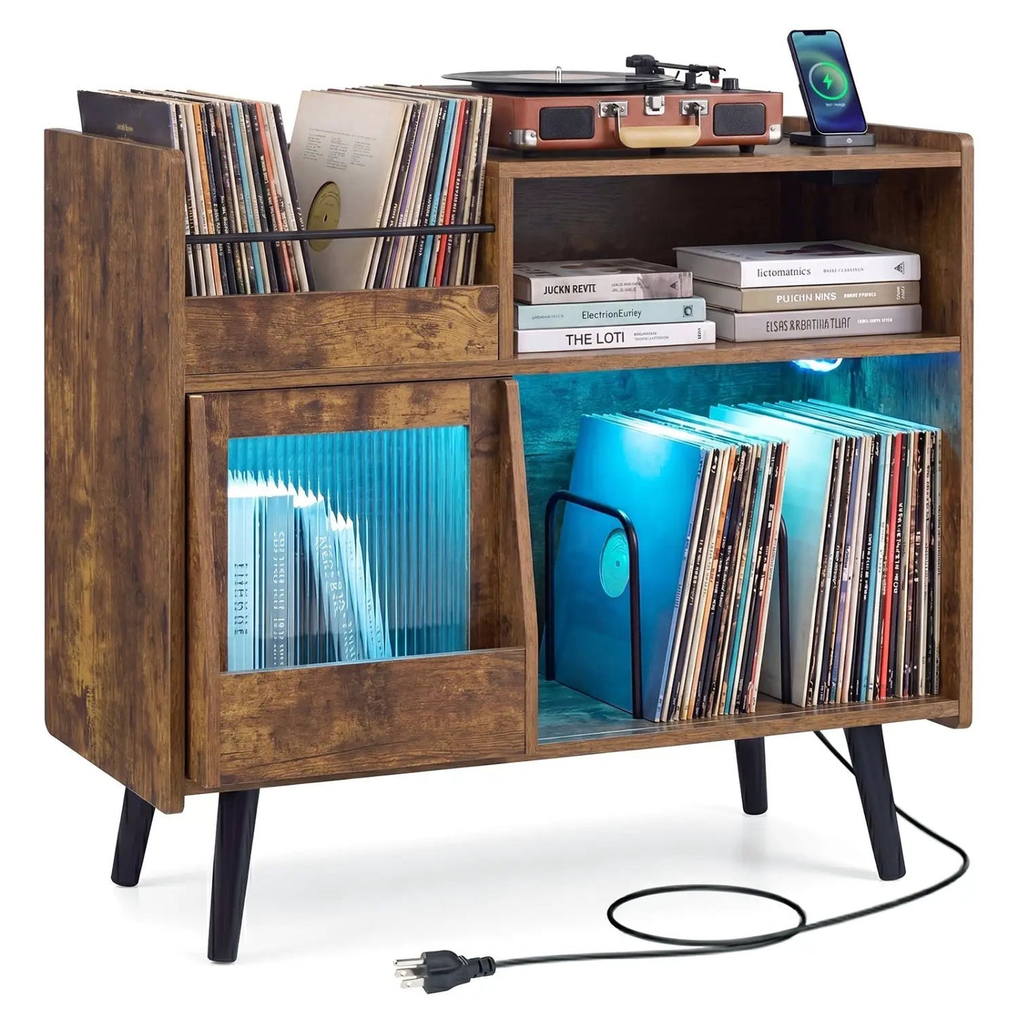 Record Player Stand With LED Light and Outlets