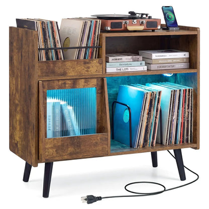 Record Player Stand With LED Light and Outlets