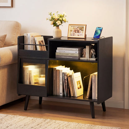 Record Player Stand With LED Light and Outlets