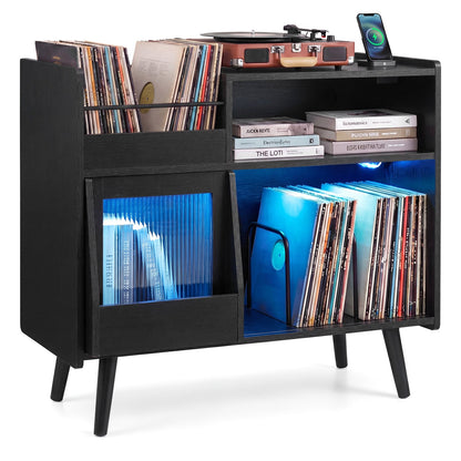 Record Player Stand With LED Light and Outlets