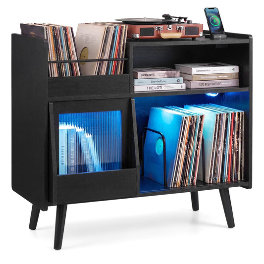 Record Player Stand With LED Light and Outlets