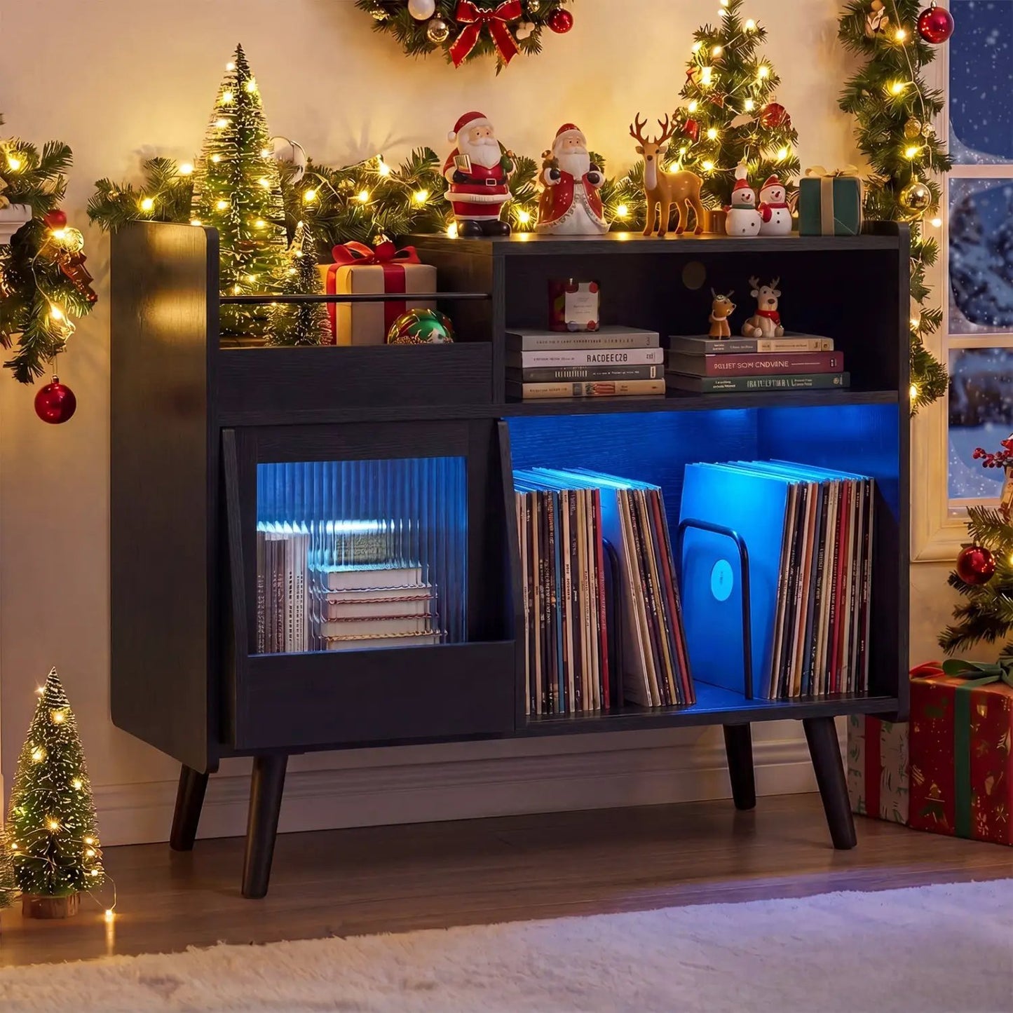 Record Player Stand With LED Light and Outlets