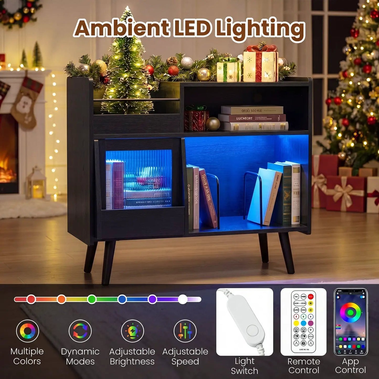 Record Player Stand With LED Light and Outlets