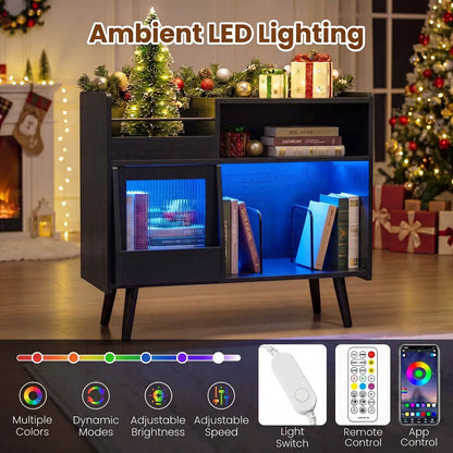 Record Player Stand With LED Light and Outlets