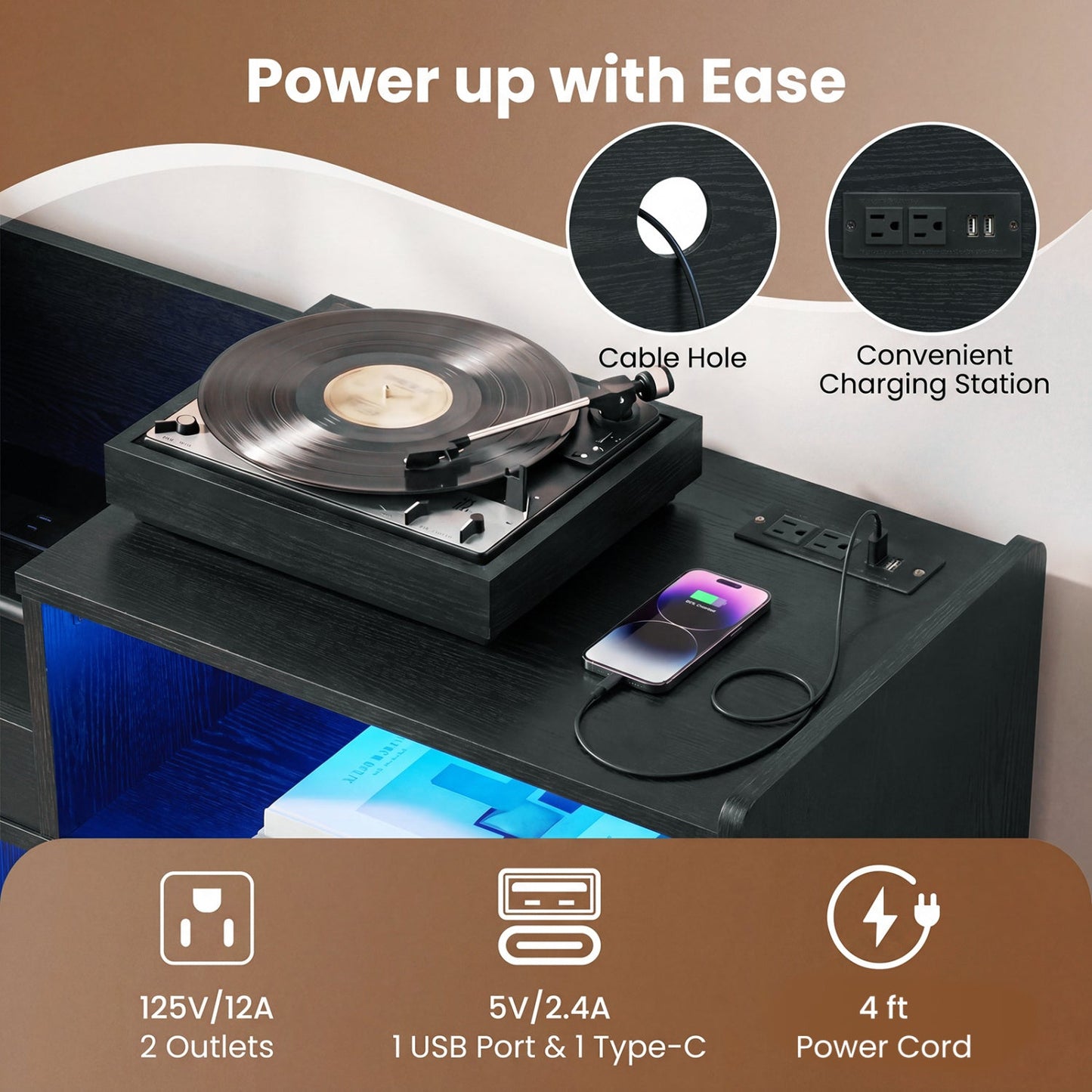Record Player Stand With LED Light and Outlets