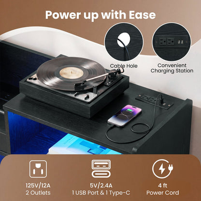Record Player Stand With LED Light and Outlets
