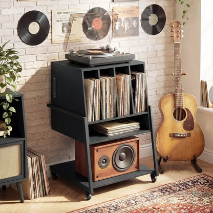Record Player Stand on Wheels with Power Outlets