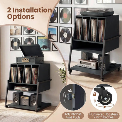 Record Player Stand on Wheels with Power Outlets