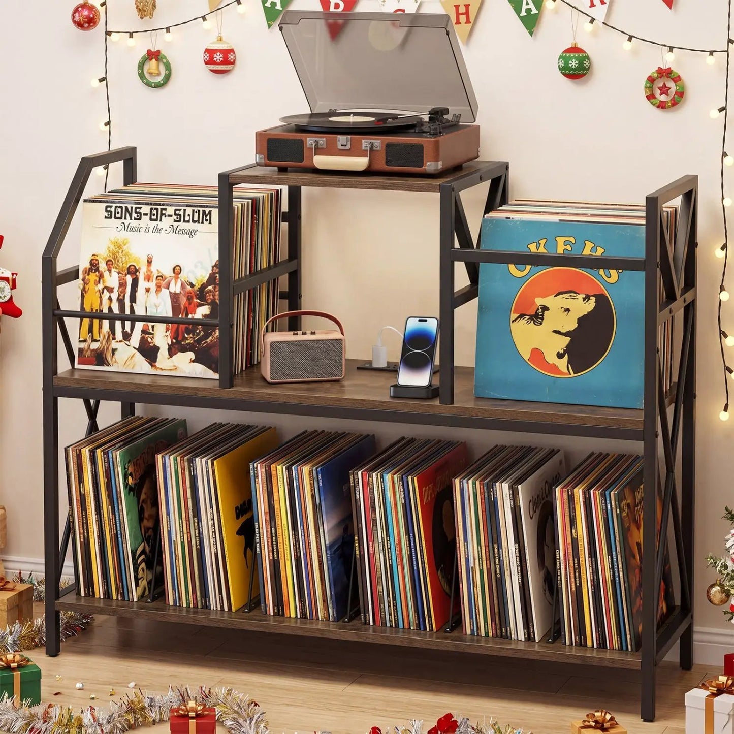 Record Player Stand with Power Outlets and Vinyl