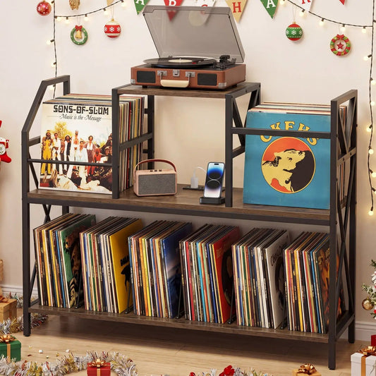 Record Player Stand with Power Outlets & Vinyl Storage by DirectDeals, black metal frame on Tampa Home & Garden Store
