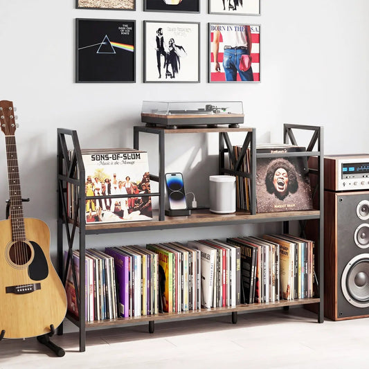 DirectDeals record player stand with power outlets and vinyl storage, black metal frame on Tampa Home & Garden Store