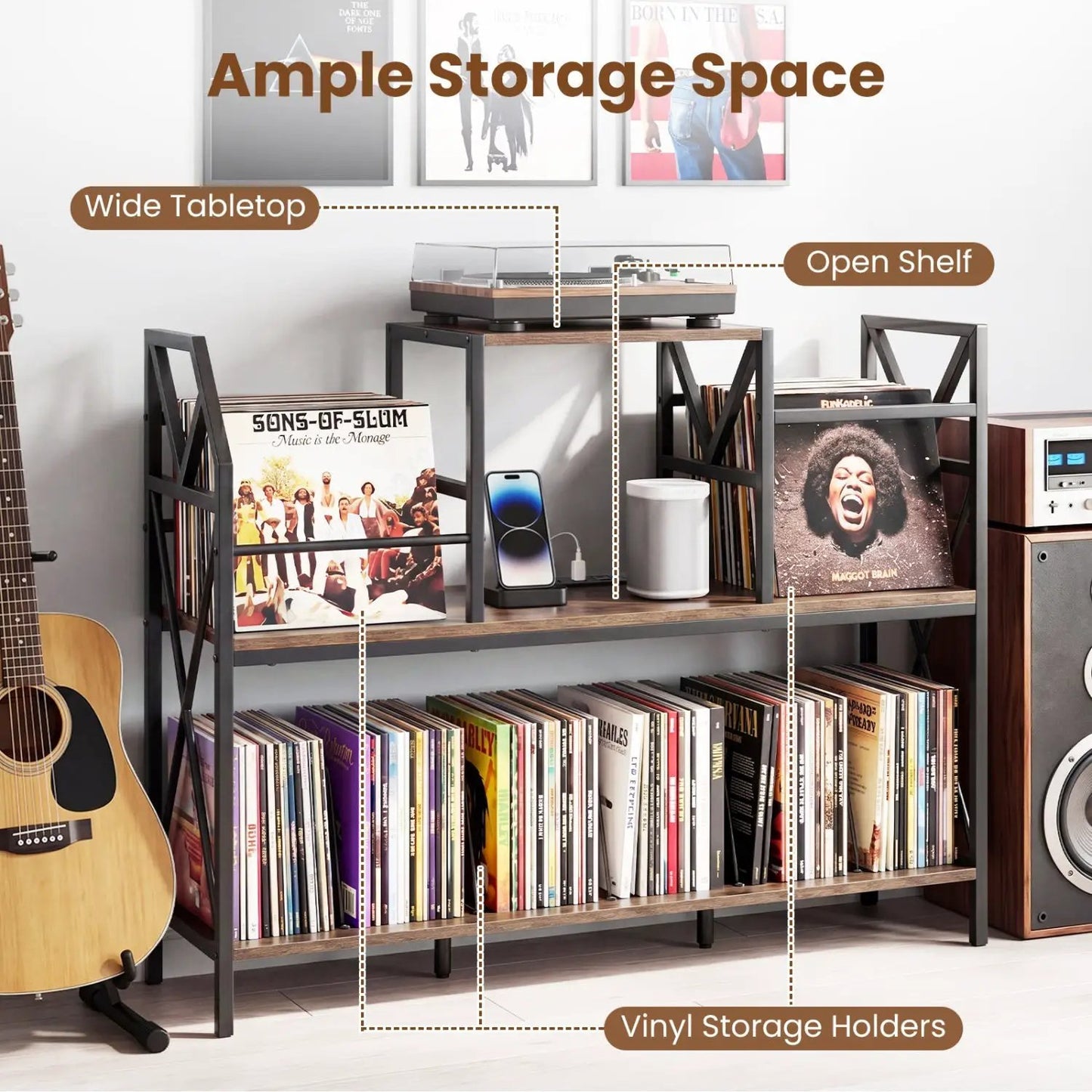 Record Player Stand with Power Outlets and Vinyl