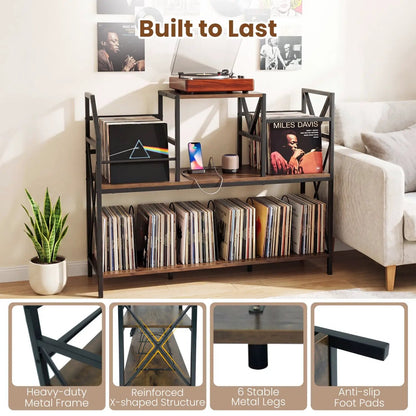 Record Player Stand with Power Outlets and Vinyl