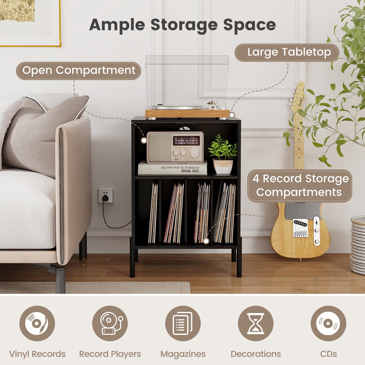 Record Player Stand with Record Storage Shelf and Charging Station