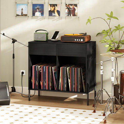 Record Player Stand with Power Outlets Double Wide Turntable Stand Vinyl Record Storage Table-Black