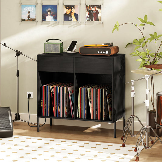 Record Player Stand with Power Outlets Double Wide Turntable Stand Vinyl Record Storage Table-Black - Tampa Home & Garden Store
