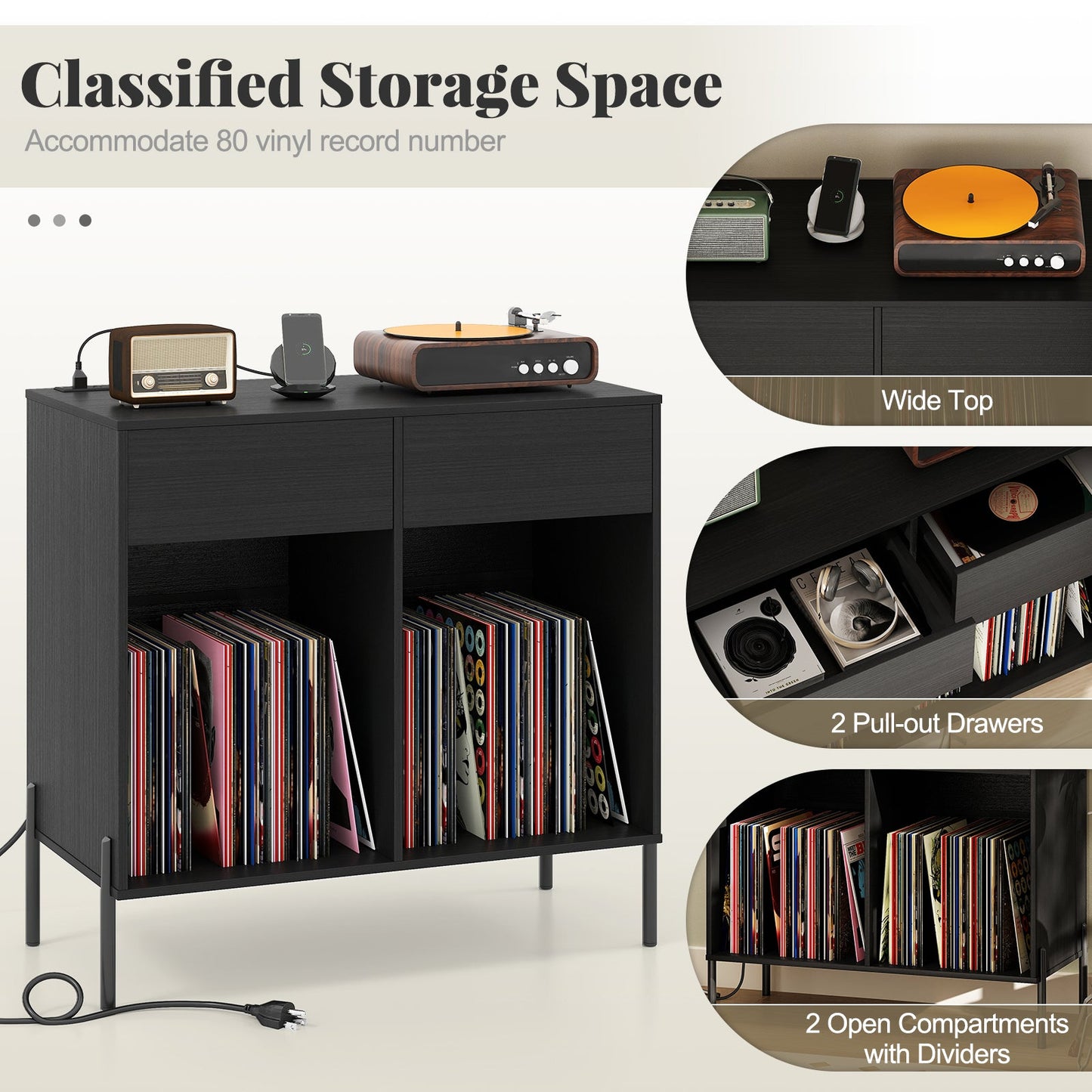 Record Player Stand with Power Outlets Double Wide Turntable Stand Vinyl Record Storage Table-Black