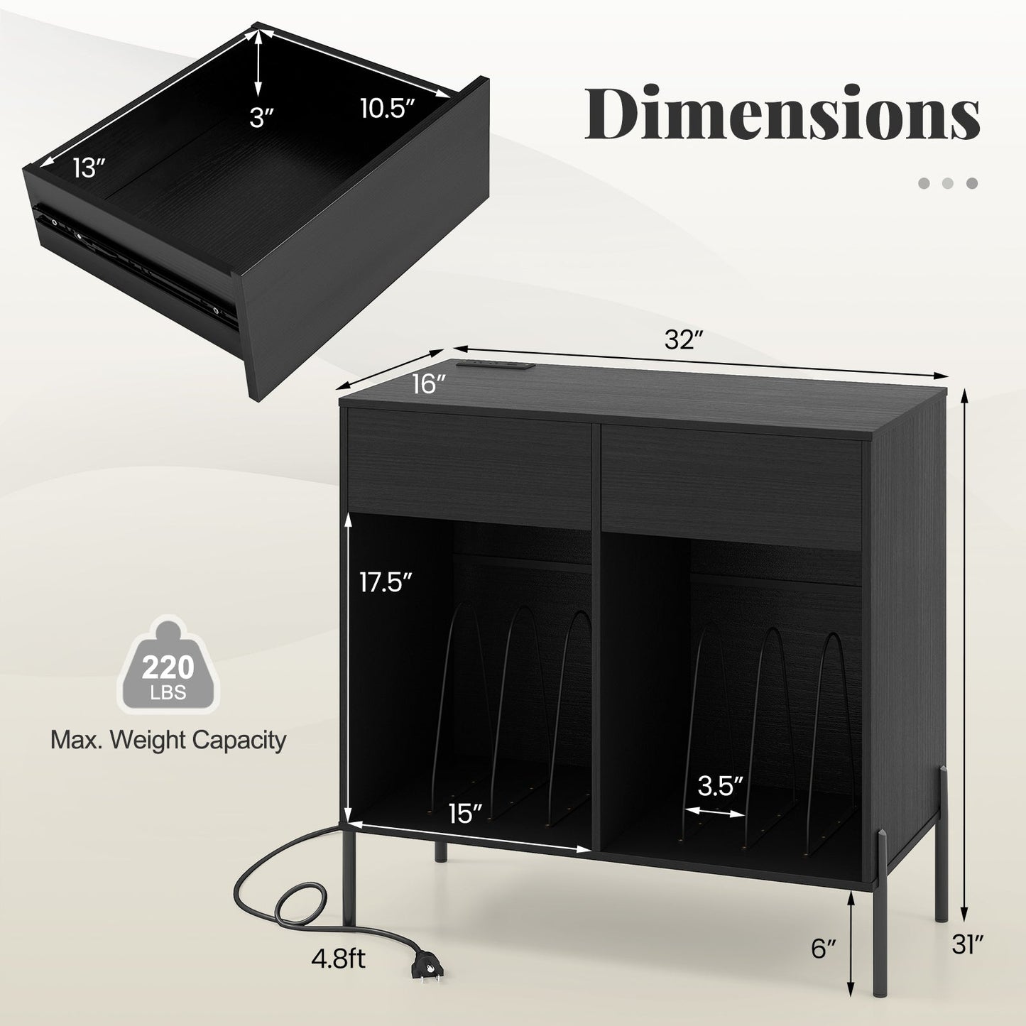 Record Player Stand with Power Outlets Double Wide Turntable Stand Vinyl Record Storage Table-Black